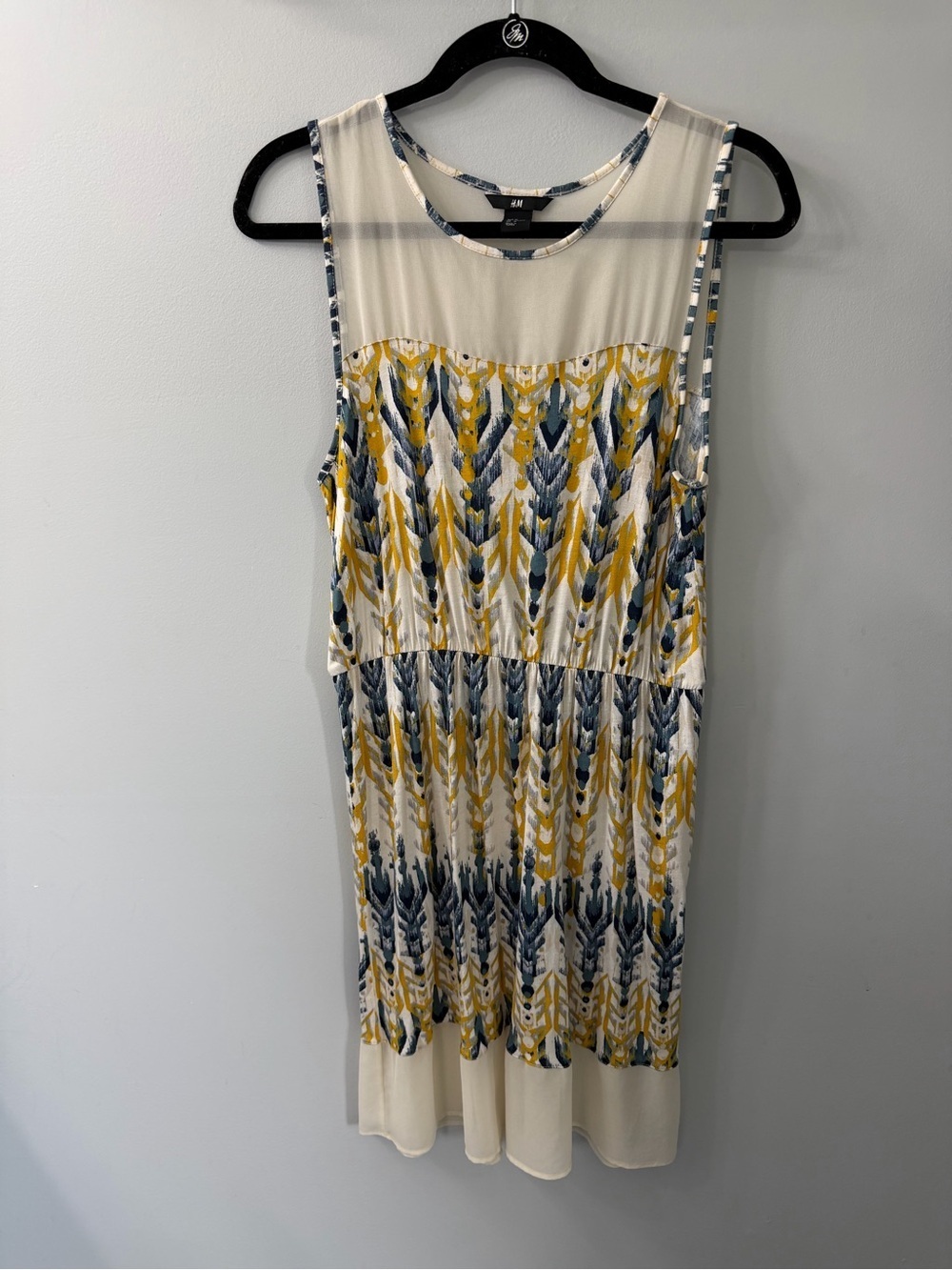 H&M Cream Sheer Top Sleeveless Dress with Yellow & Blue Print Medium